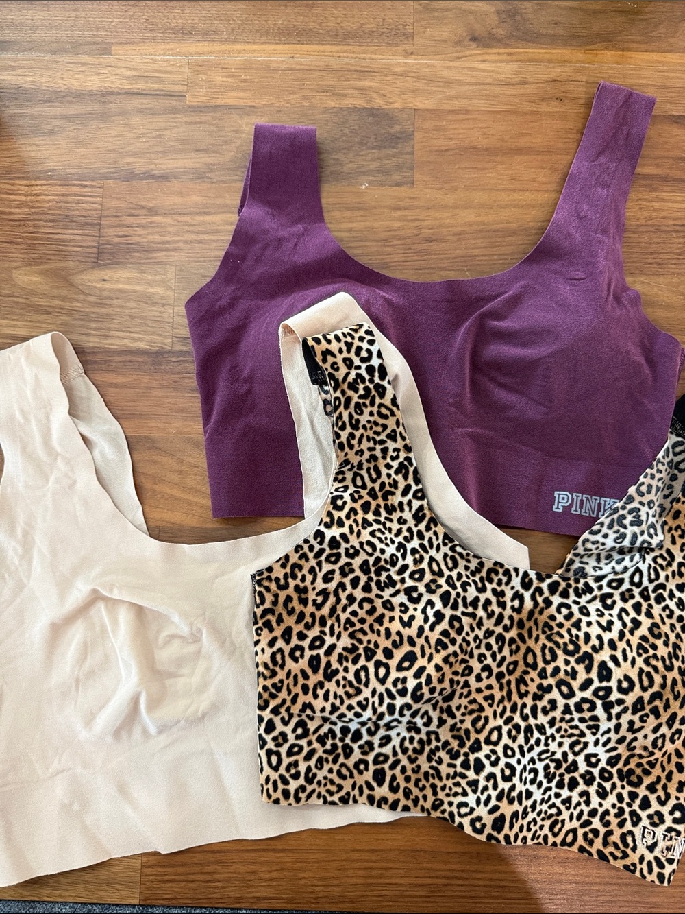 PINK Victoria's Secret Plum, Cream & Leopard Seamless Bralette Set